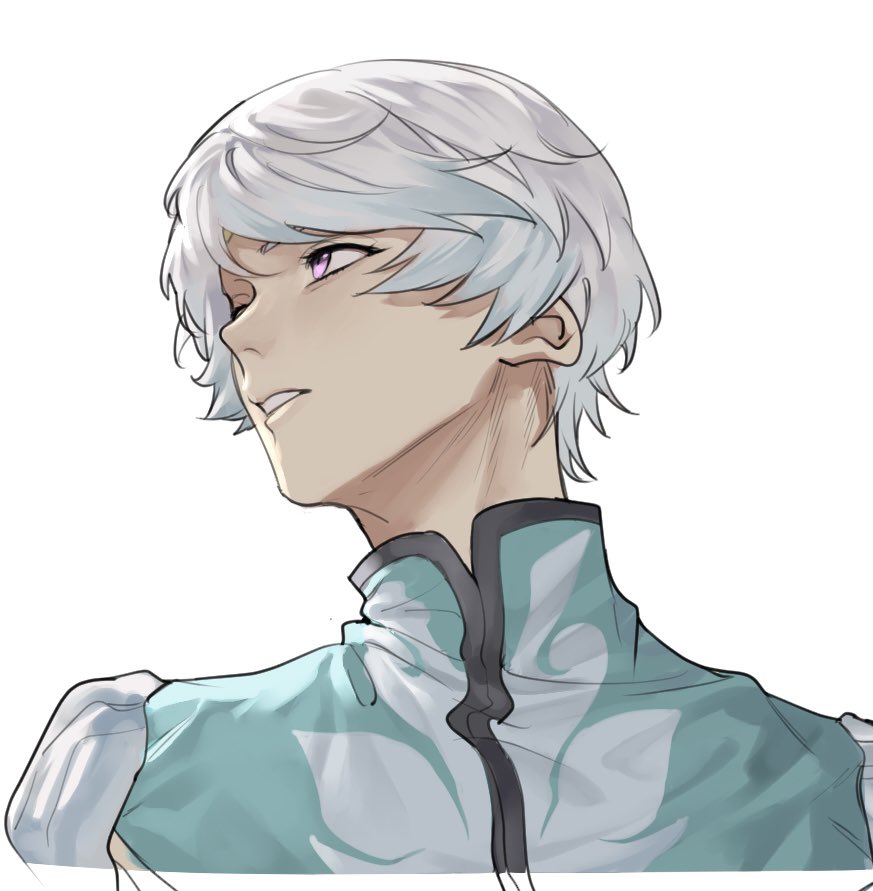 1boy blue_shirt commentary_request eyelashes looking_to_the_side male_focus parted_lips pon52io purple_eyes shirt short_hair simple_background solo sorey_(tales) tales_of_(series) tales_of_zestiria unfinished upper_body white_background white_hair