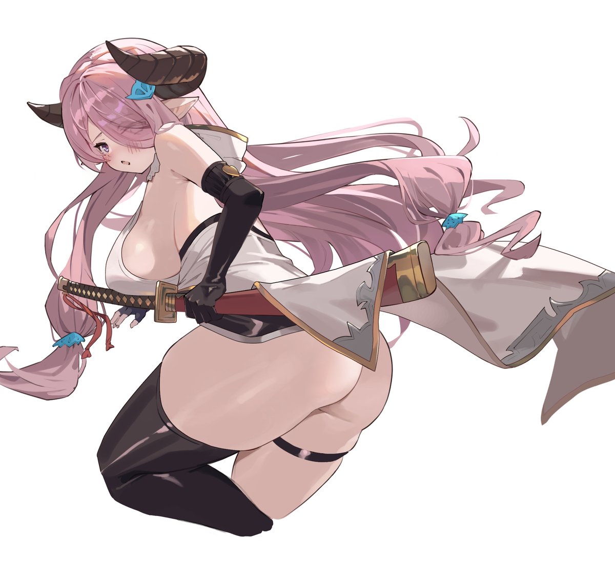 1girl ass backless_outfit black_gloves black_thighhighs blush breasts butterfly_hair_ornament character_request eyes_visible_through_hair fingerless_gloves from_behind gloves granblue_fantasy hair_ornament holding holding_sword holding_weapon horns katana large_breasts long_hair looking_at_viewer looking_back narmaya_(granblue_fantasy) pink_hair pointy_ears purple_eyes purple_hair robe scabbard sheath simple_background single_thighhigh solo sword thigh_strap thighhighs upper_body weapon white_background wuzhu_nis