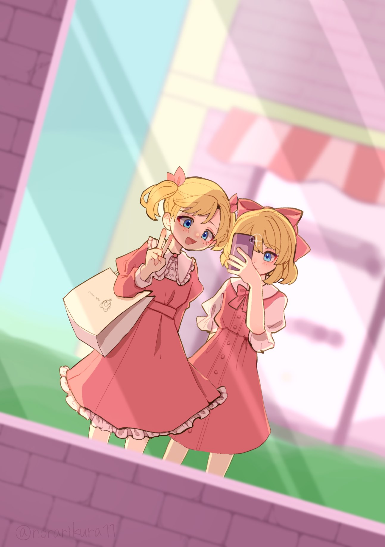 2girls ana_(mother) bag belt blonde_hair blue_eyes blush buttons camera_flash cellphone doseisan dress eyelashes frilled_dress frills hair_ribbon highres holding holding_phone long_sleeves looking_at_phone mother_(game) mother_1 mother_2 multiple_girls neck_ribbon norakinura paula_(mother_2) phone pink_dress pink_ribbon reflection ribbon selfie shop shopping shopping_bag short_hair short_twintails smartphone smile standing twintails v