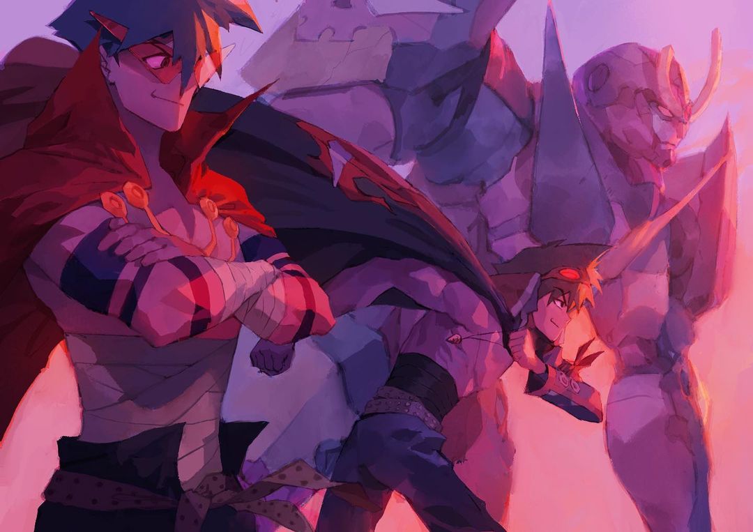 2boys bandaged_arm bandages black_pants blue_hair blue_pants cape crossed_arms english_commentary goggles goggles_on_head gurren-lagann kamina_(ttgl) kamina_shades leonardo_vincent male_focus mecha multiple_boys orange_eyes pants red_cape simon_(ttgl) smile super_robot tengen_toppa_gurren_lagann time_paradox