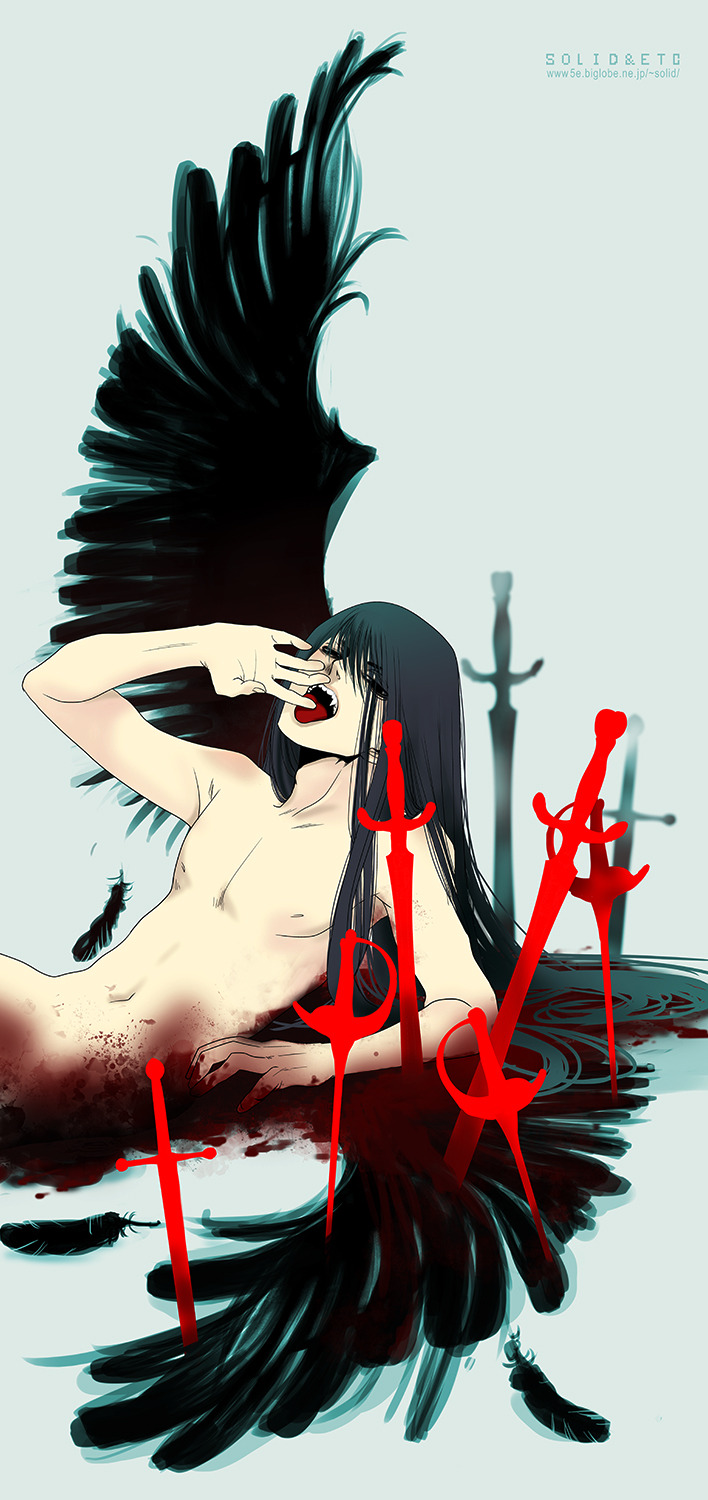 1boy alucard_(hellsing) black_hair black_wings blood completely_nude fangs feathered_wings hellsing highres long_hair male_focus navel nude open_mouth planted planted_sword sitting solo sword tongue tongue_out toshimichi_yukari very_long_hair weapon wings