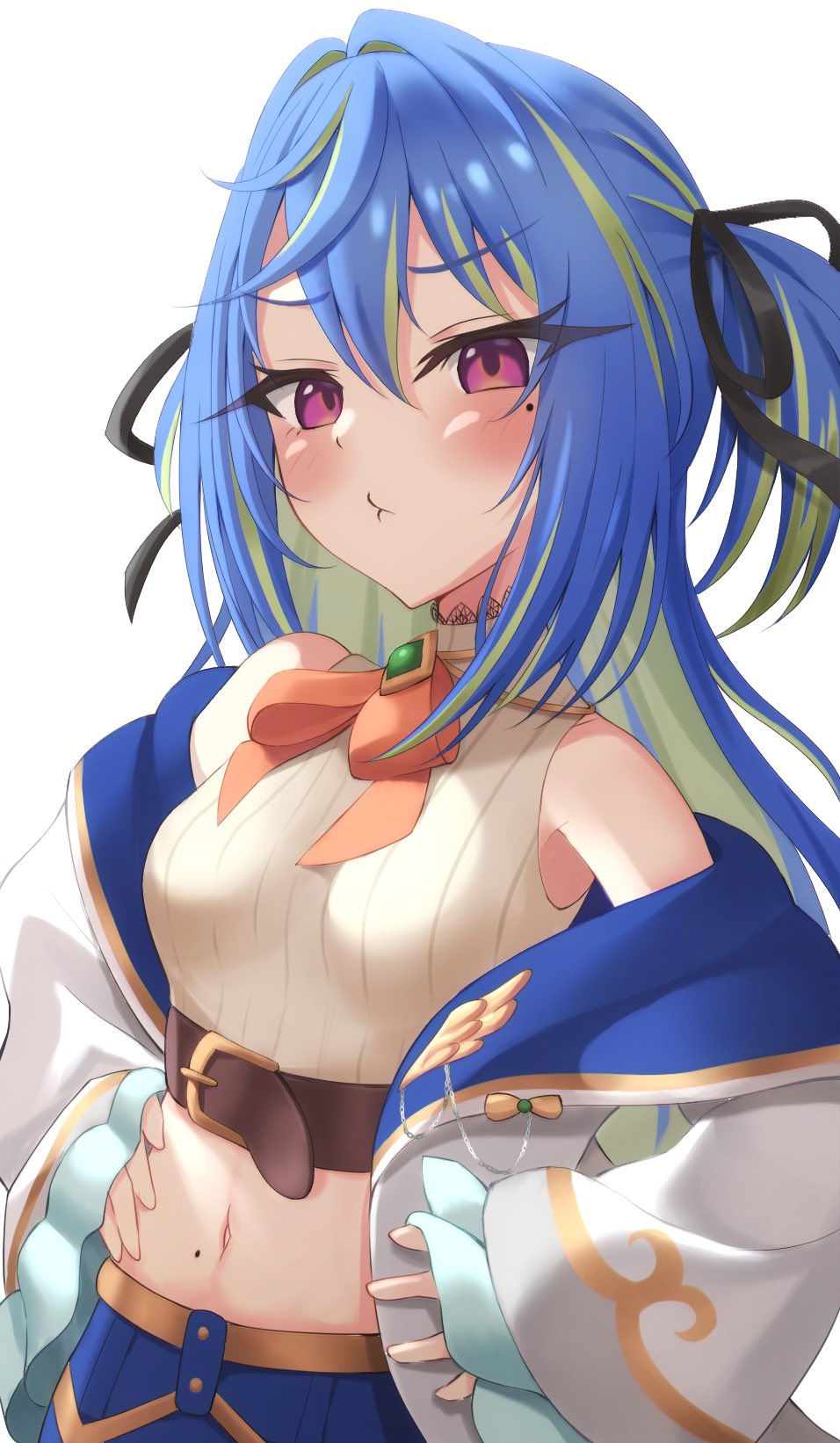 1girl balflear_(oe19nlud) belt black_ribbon blue_hair blue_skirt blush bow bowtie breasts brown_belt buttons chest_belt closed_mouth coat crop_top frilled_sleeves frills green_brooch green_hair hair_between_eyes hair_intakes hair_ribbon hands_on_own_hips highres long_hair long_sleeves looking_at_viewer medium_bangs midriff mole mole_under_eye multicolored_hair nanashi_inc. navel open_clothes open_coat orange_bow orange_bowtie pink_eyes pout ribbon shirt simple_background skirt small_breasts solo striped_clothes striped_shirt suzumi_nemo suzumi_nemo_(1st_costume) two-tone_hair two_side_up upper_body vertical-striped_clothes vertical-striped_shirt virtual_youtuber white_background white_coat white_shirt