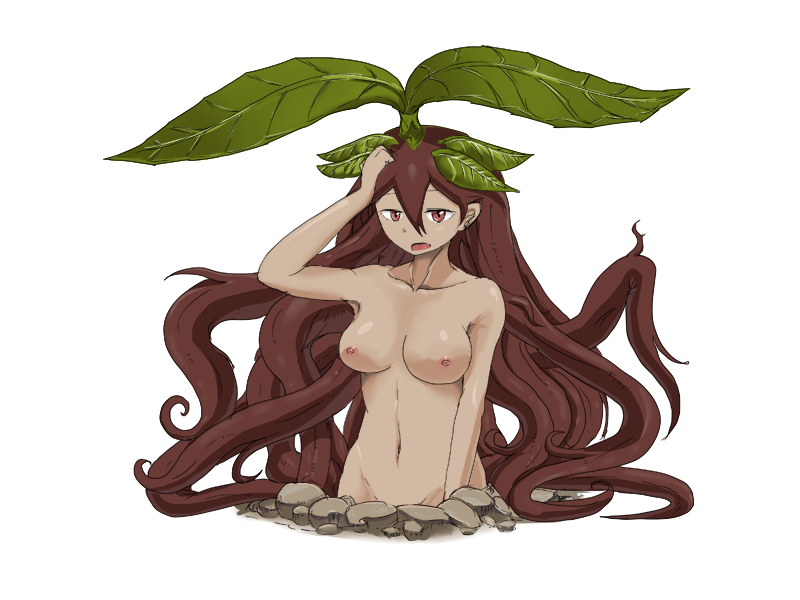 1girl bmp-to-png_conversion breasts brown_eyes brown_hair burrowing collarbone completely_nude convenient_censoring d: dark-skinned_female dark_skin dirt frown game_cg hair_between_eyes hair_ornament hand_on_own_head hand_up large_breasts leaf leaf_hair_ornament leaf_on_head long_hair looking_at_viewer mon-musu_quest! monster_girl navel nipples non-web_source nude open_mouth plant_hair ragora_(mon-musu_quest!) roots setouchi_(blackse) simple_background solo transparent_background upper_body very_long_hair