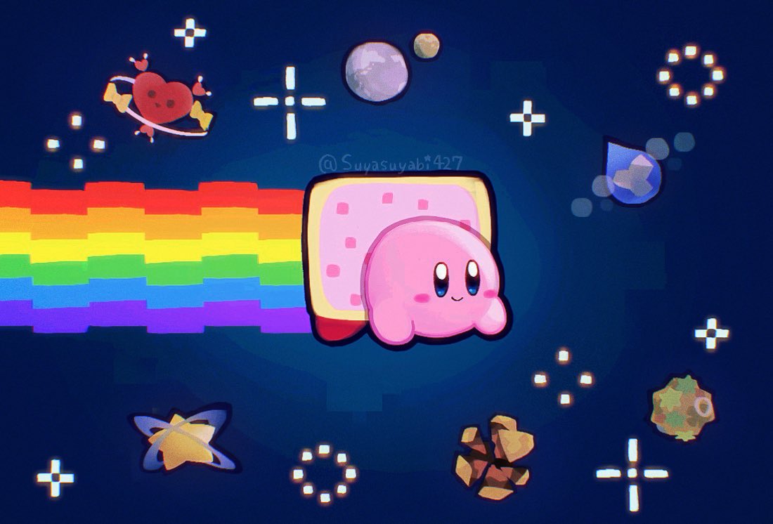 artist_name bow closed_mouth colored_skin heart kirby kirby_(series) night night_sky nyan_cat pink_skin pop_tart rainbow sky smile space sparkle star_(symbol) suyasuyabi twitter_username yellow_bow