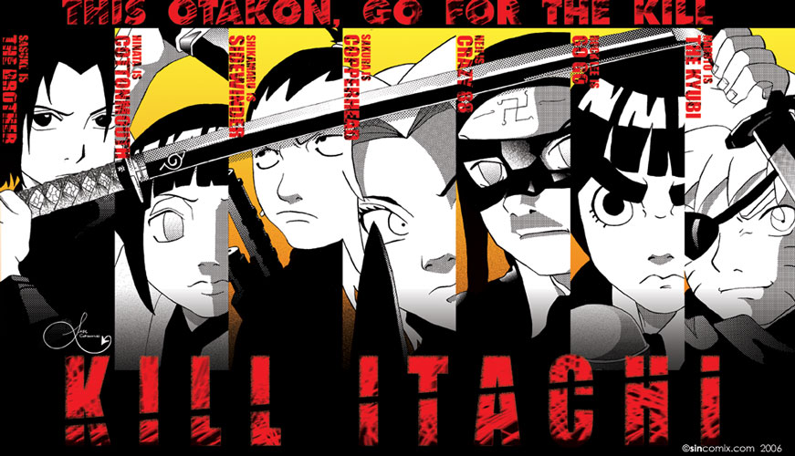 3girls 5boys bowl_cut character_name english_commentary english_text eyepatch haruno_sakura headband hyuuga_hinata hyuuga_neji japanese_clothes katana kill_bill kimono monochrome multiple_boys multiple_girls nara_shikamaru naruto_(series) parody ponytail rock_lee sincomix smirk spot_color style_parody sword thick_eyebrows uzumaki_naruto weapon widow's_peak