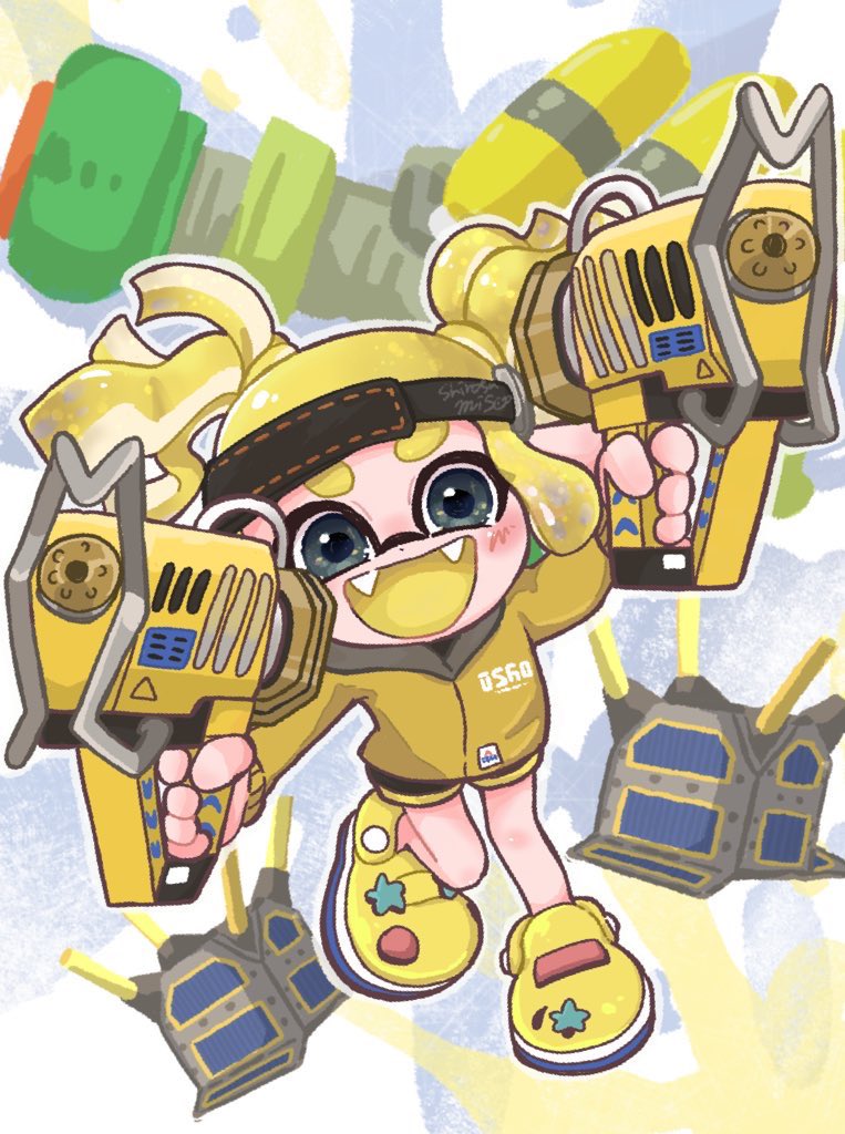 1girl :d backwards_hat black_shorts blonde_hair closed_mouth commentary_request dual_wielding fangs full_body glooga_dualies_(splatoon) glue_gun grey_eyes gun hat holding holding_gun holding_weapon inkling inkling_girl inkling_player_character jacket looking_at_viewer medium_hair point_sensor_(splatoon) short_shorts shorts smile solo sou440pk splatoon_(series) splatoon_3 standing standing_on_one_leg tentacle_hair thick_eyebrows trizooka_(splatoon) visor_cap weapon yellow_footwear yellow_jacket