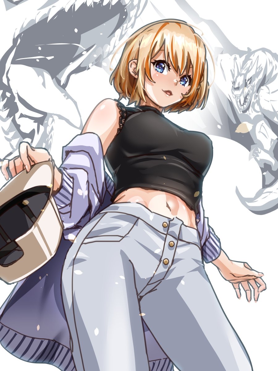 1girl baseball_cap black_shirt blue_eyes blush breasts buttons commentary_request contrapposto cowboy_shot dragon from_below grey_pants grey_shirt hat highres holding holding_clothes holding_hat light_brown_hair looking_at_viewer medium_bangs medium_breasts midriff multicolored_hair nanashi_inc. navel official_alternate_costume open_mouth orange_hair pants shirt shirt_partially_removed short_hair sleeveless sleeveless_shirt smile solo tomo_tomotosix touri_sei touri_sei_(2nd_costume) two-tone_hair unworn_hat unworn_headwear virtual_youtuber white_background