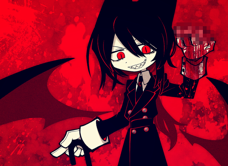 1boy animal_ears bags_under_eyes black_coat black_hair black_necktie blood blood_on_clothes buttons cane censored coat collared_shirt colored_skin commission evil_smile funamusea_(artist) gloves holding holding_cane looking_at_viewer male_focus mosaic_censoring necktie original pointless_censoring ponytail red_background red_eyes sharp_teeth shirt skeb_commission slit_pupils smile solo teeth white_gloves white_shirt white_skin wings