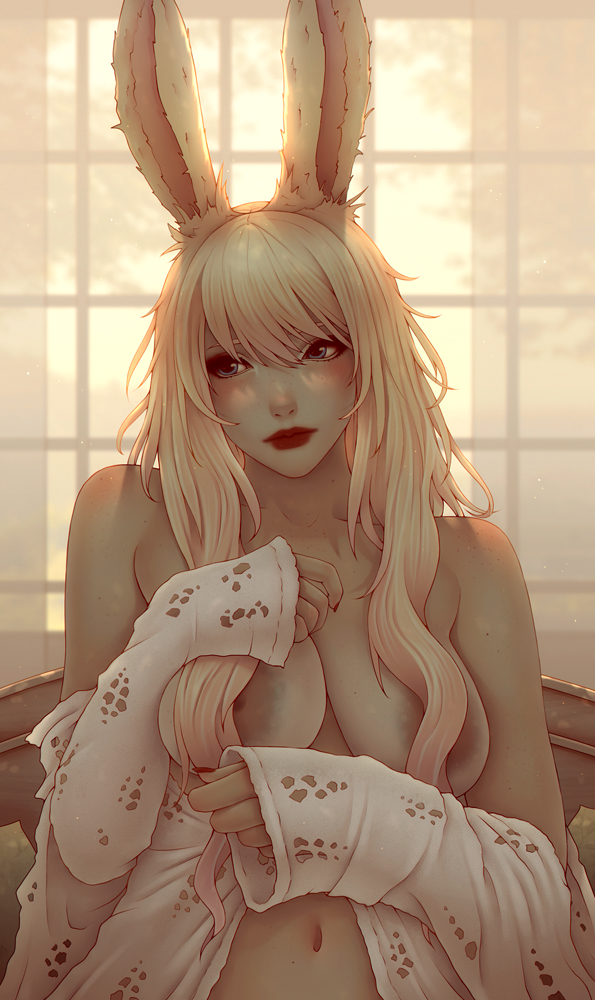 1girl animal_ears blonde_hair blue_eyes breasts dark-skinned_female dark_skin english_commentary final_fantasy final_fantasy_xiv hair_between_eyes large_areolae long_hair looking_to_the_side medium_breasts navel nipples off_shoulder open_clothes open_shirt rabbit_ears red_lips solo soranamae upper_body viera warrior_of_light_(ff14)
