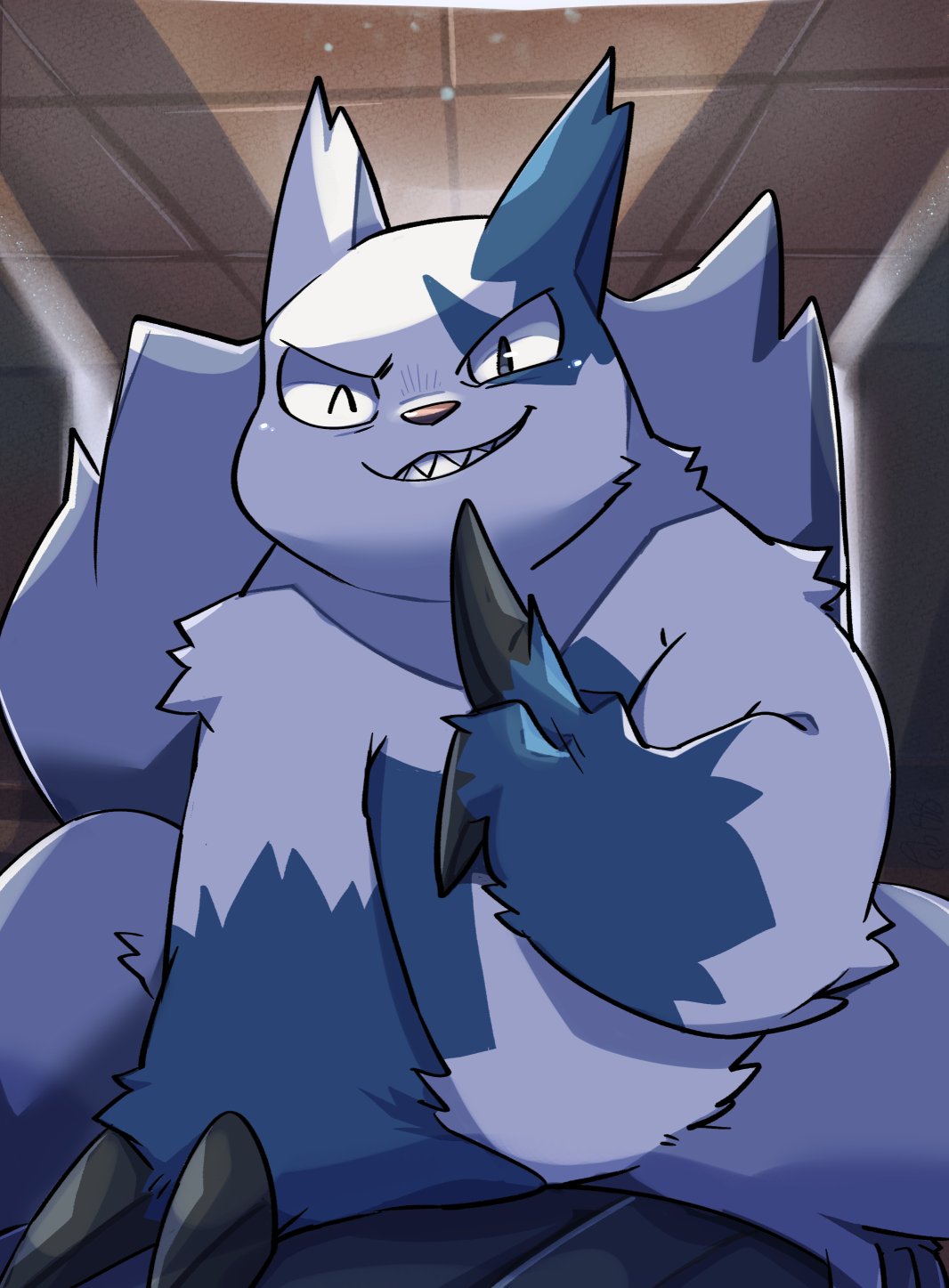 2022 anthro biped blue_body detailed_background hi_res kemono nintendo one_eye_closed pok&eacute;mon pok&eacute;mon_(species) sitting slightly_chubby solo tiri_mama video_games white_body wink zangoose