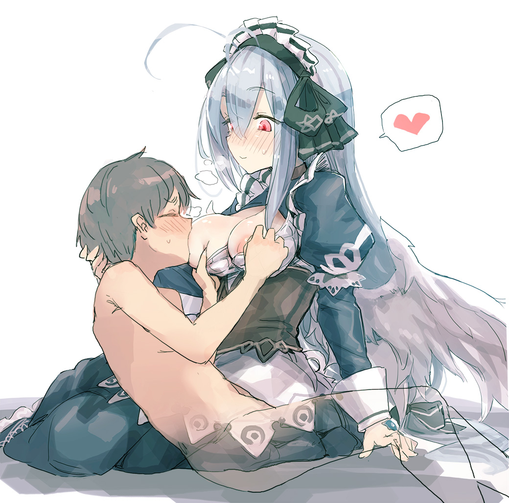 1boy 1girl animal_ears bee_(deadflow) breastfeeding emil_chronicle_online fox_ears grey_hair heart heart-shaped_pupils long_hair red_eyes symbol-shaped_pupils