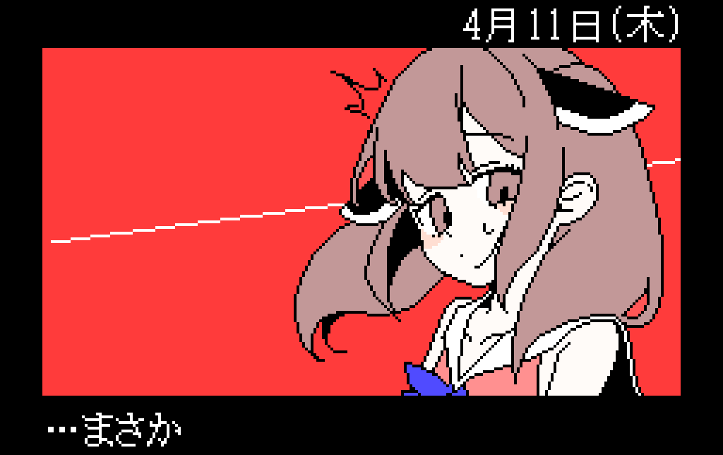 ++_(9oafxjjhuktkdef) 1girl ^^^ black_border blush border brown_eyes brown_hair dated dot_mouth headgear long_hair looking_at_viewer newtype_flash pink_shirt pixel_art raised_eyebrows red_background sailor_collar shirt simple_background sleeveless sleeveless_shirt small_sweatdrop solo touhoku_kiritan translation_request twintails upper_body voiceroid white_sailor_collar