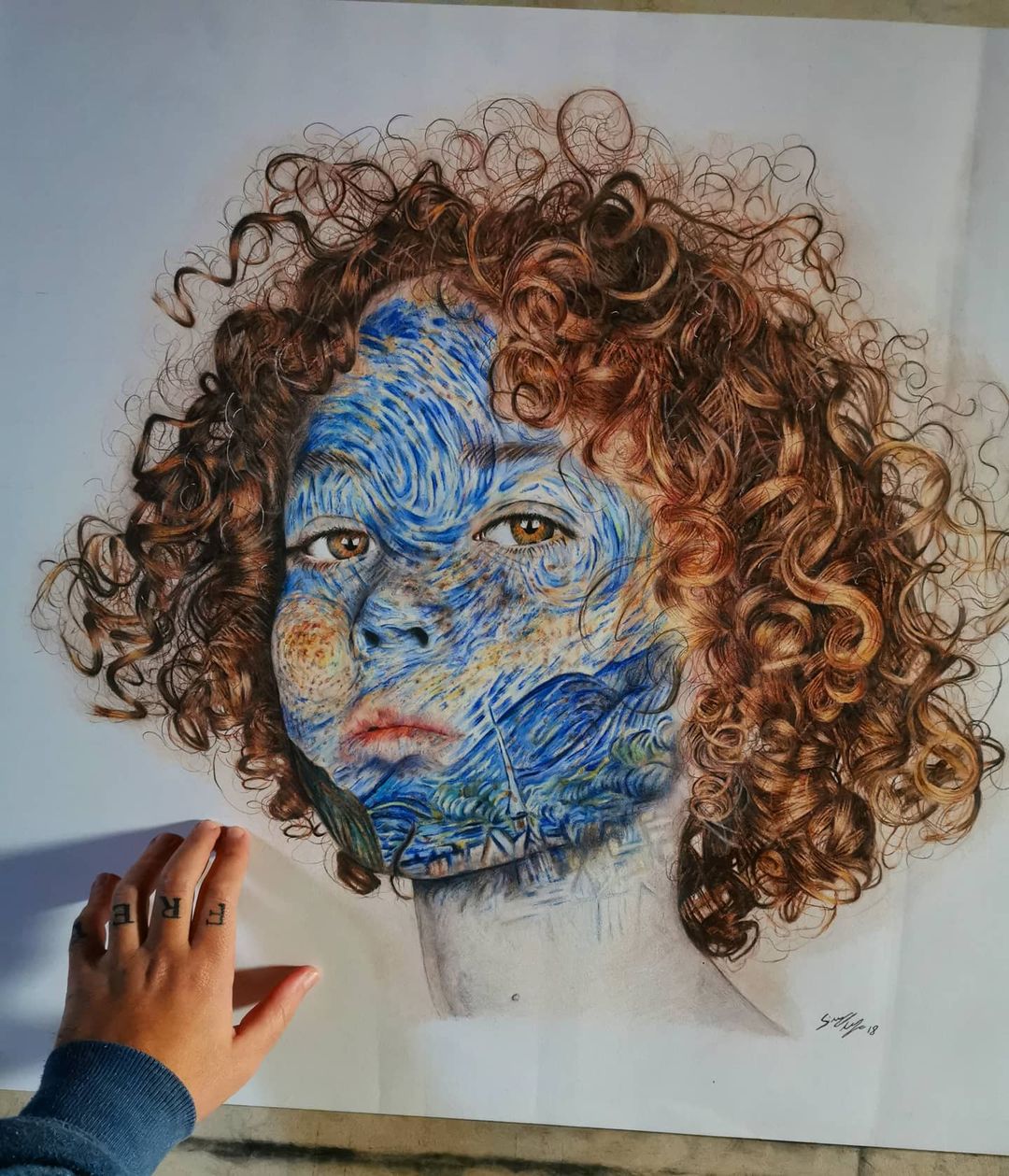 1girl artist's_hand_in_frame brown_eyes brown_hair closed_mouth colored_pencil_(medium) commentary cropped_head curly_hair english_commentary expressionless fine_art_parody highres looking_at_viewer medium_hair parody photo-referenced photo_(medium) photorealistic portrait realistic signature simone_mulas solo starry_night_(van_gogh) traditional_media