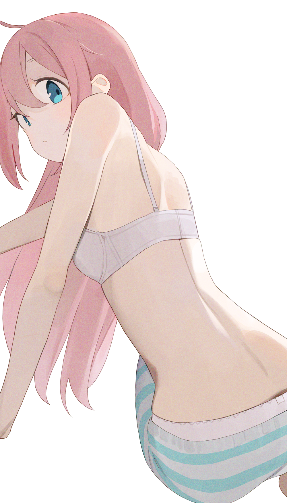 1girl ahoge back blue_eyes bra breasts commentary from_behind hair_between_eyes highres hiroki_(yyqw7151) kagamihara_nadeshiko long_hair looking_at_viewer looking_back panties panties_under_pantyhose pantyhose pink_hair simple_background small_breasts solo striped_clothes striped_pantyhose underwear white_background white_bra white_panties yurucamp