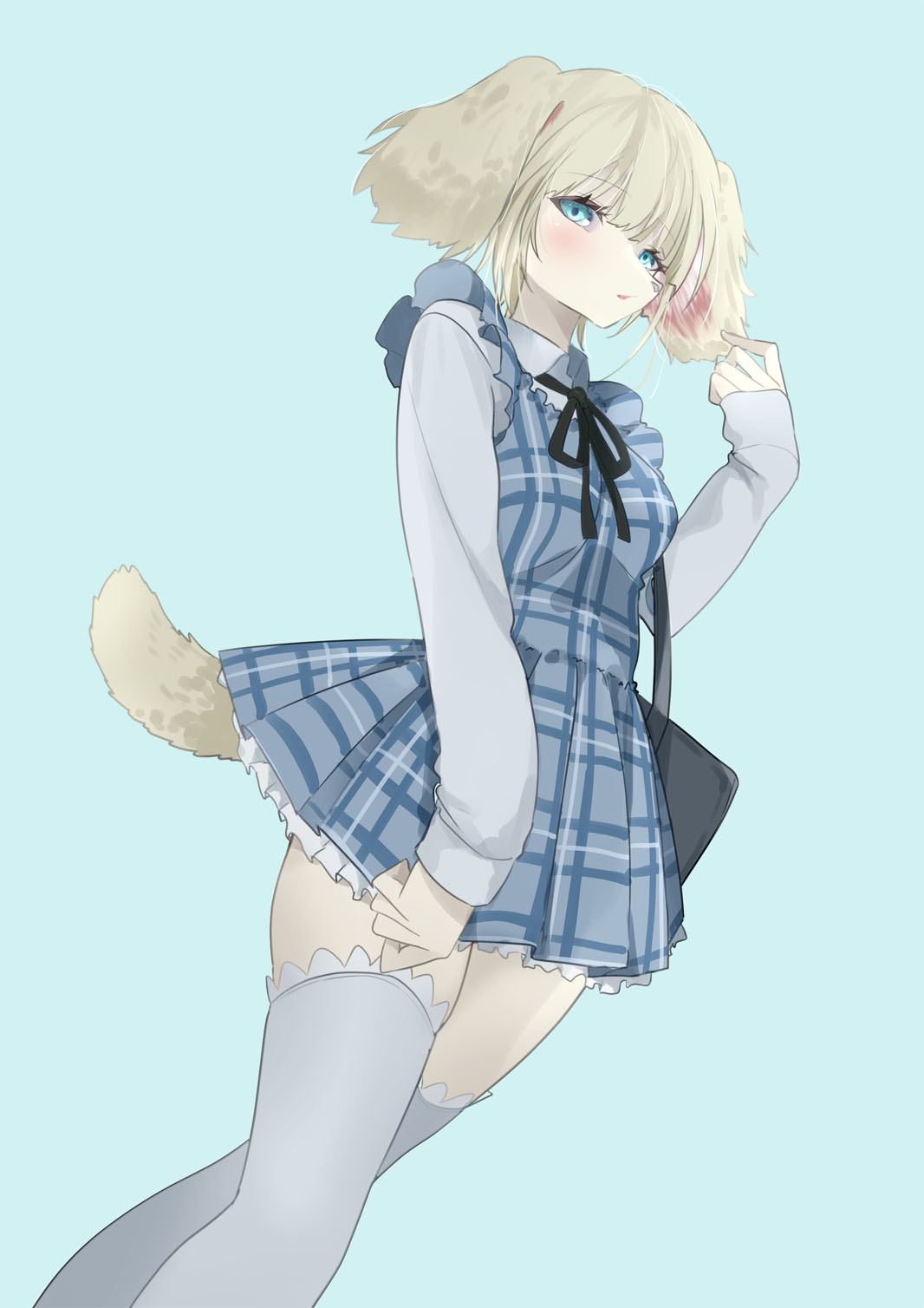 1girl animal_ears black_ribbon blonde_hair blue_dress blush breasts dog_ears dog_girl dog_tail dress feet_out_of_frame furry furry_female green_eyes grey_thighhighs highres long_sleeves looking_at_viewer medium_breasts neck_ribbon original pinafore_dress plaid plaid_dress ribbon shirt sidelocks simple_background sleeveless sleeveless_dress solo tail tail_under_clothes thighhighs white_shirt yongen_yu zettai_ryouiki