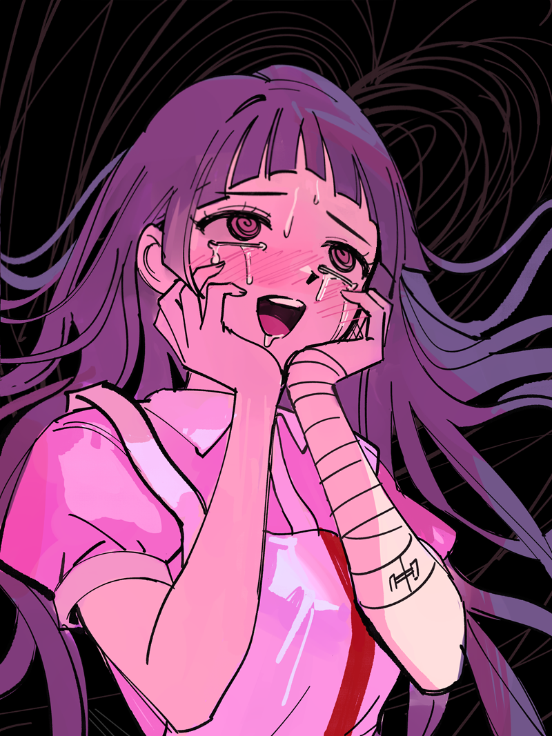 1girl :d apron bandaged_arm bandages black_background blush collared_shirt crazy_eyes danganronpa_(series) danganronpa_2:_goodbye_despair grey_apron hands_up long_hair migi_(user_juhu3444) pink_hair pink_shirt shirt simple_background smile solo tears teeth tsumiki_mikan two-tone_shirt upper_body upper_teeth_only