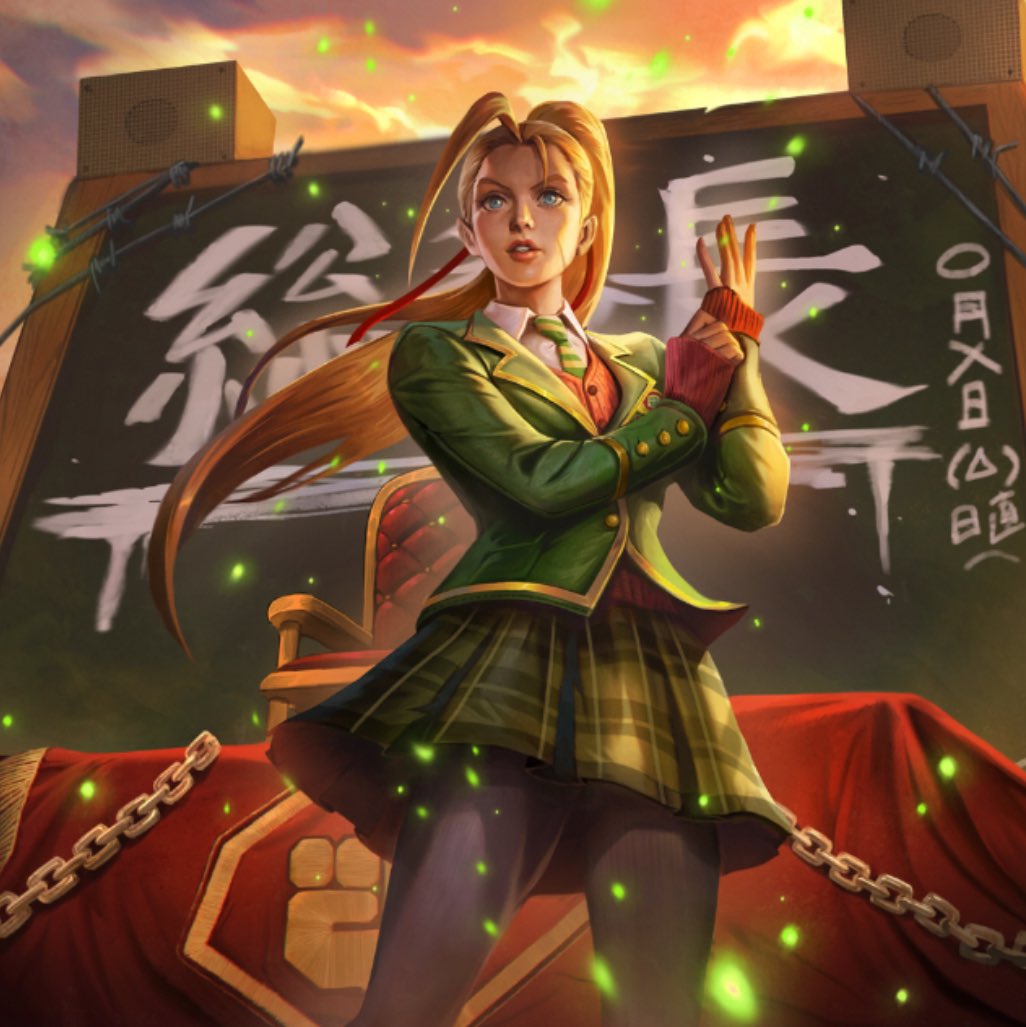 ahoge black_pantyhose blue_eyes cammy_white chain chalkboard clenched_hand cloud collared_shirt jacket necktie official_alternate_costume official_alternate_hairstyle official_art pantyhose pleated_skirt ponytail scar scar_on_face shirt skirt street_fighter sunrise text_background