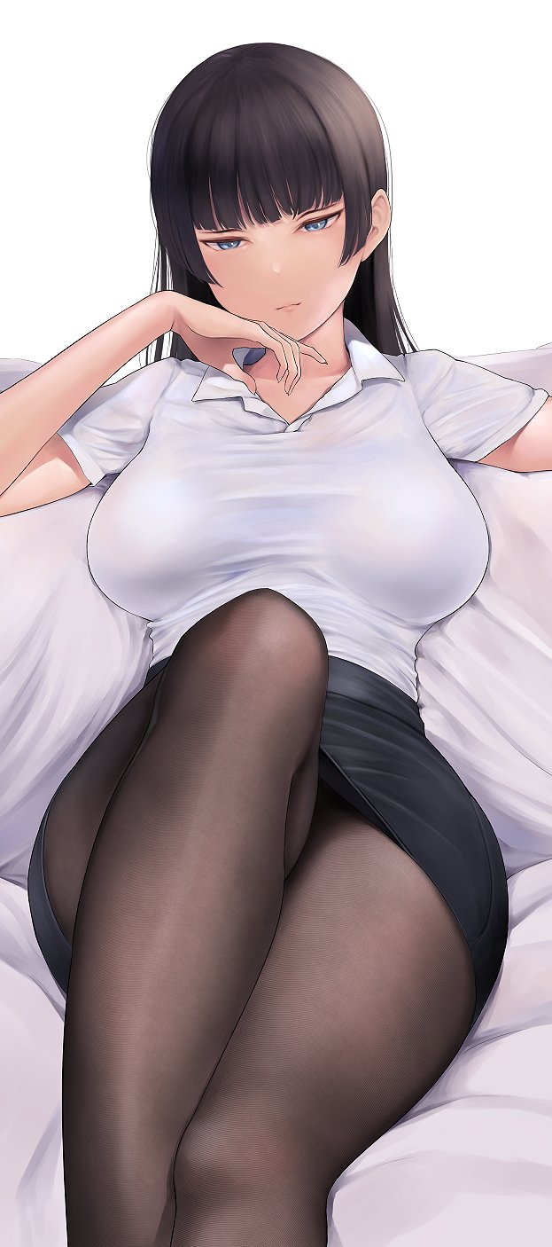 1girl black_hair black_skirt blue_eyes blunt_bangs breasts brown_pantyhose closed_mouth collared_shirt commentary_request highres large_breasts long_hair looking_at_viewer office_lady original pantyhose pencil_skirt shirt short_sleeves sitting skirt solo thighs wa_(genryusui) white_shirt