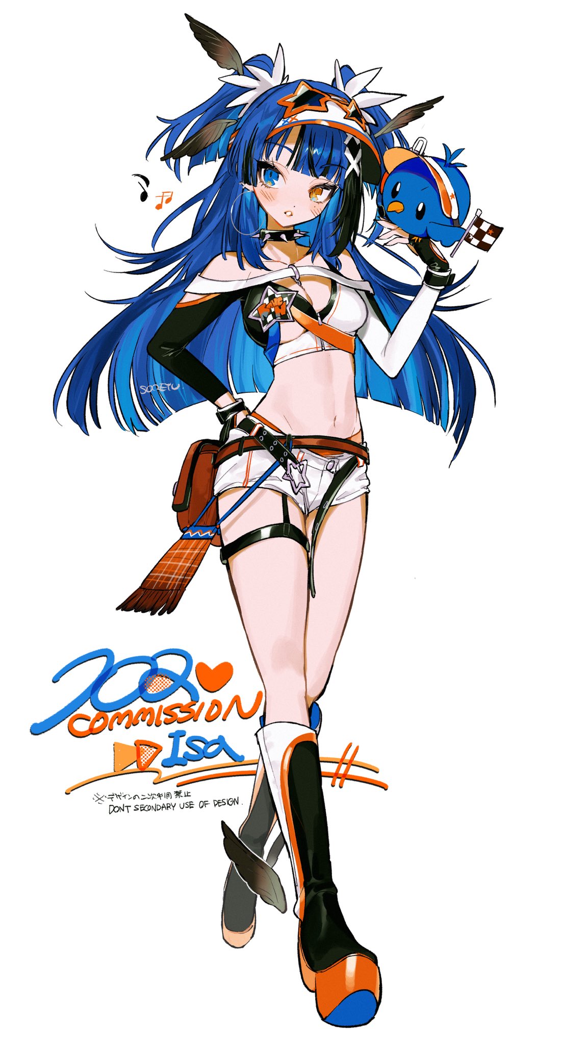 1girl artist_name bare_shoulders beamed_eighth_notes belt bird bird_on_hand black_gloves black_nails blue_bird blue_eyes blue_hair boots breasts checkered_flag choker cleavage clothing_cutout commission crop_top earrings feathers fingerless_gloves flag full_body gloves heterochromia highres hoop_earrings jewelry knee_boots long_hair looking_at_viewer medium_breasts midriff multiple_earrings musical_note nail_polish navel orange_eyes original parted_lips platform_boots platform_footwear short_shorts shorts skeb_commission solo soreeyu_(sore-yu) spiked_choker spikes standing star_(symbol) thigh_strap two_side_up visor_cap white_background zipper zipper_pull_tab