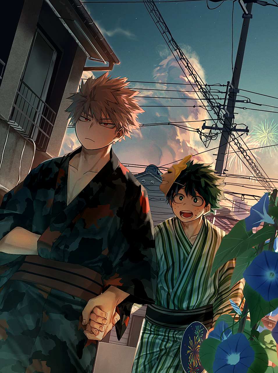 2boys all_might bakugou_katsuki blonde_hair blue_flower boku_no_hero_academia bright_pupils building character_mask closed_mouth cloud collarbone commentary cowboy_shot cumulonimbus_cloud cut_(nifuhami_35) dutch_angle evening film_grain fireworks flower freckles frown green_eyes green_hair green_pupils hand_fan hand_under_clothes hand_up highres holding holding_fan holding_hands japanese_clothes kimono light looking_ahead looking_at_another male_focus mask mask_on_head midoriya_izuku morning_glory multiple_boys obi official_alternate_costume open_mouth outdoors power_lines red_eyes sanpaku sash scar scar_on_hand sky spiked_hair star_(sky) striped_clothes striped_kimono sunlight sweatdrop utility_pole walking yaoi yukata