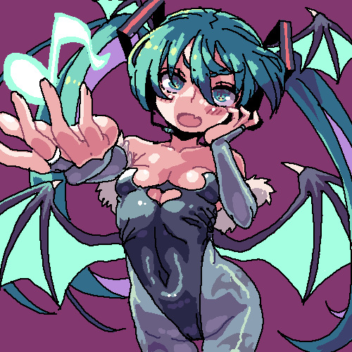 1girl animal_print aqua_eyes aqua_hair badluck2033 bare_shoulders bat_print bat_wings blush breasts commentary_request cosplay covered_navel hatsune_miku head_wings highleg highleg_leotard leotard long_hair looking_at_viewer low_wings lowres morrigan_aensland morrigan_aensland_(cosplay) musical_note oekaki open_mouth pantyhose small_breasts solo twintails vampire_(game) vocaloid wings