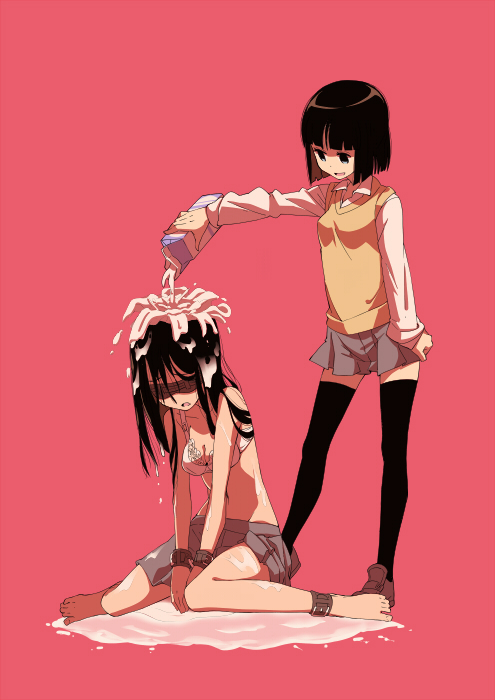 2girls barefoot black_hair black_thighhighs blindfold blunt_bangs bob_cut bound bound_wrists bra breasts brown_footwear cleavage commentary_request grey_skirt holding_carton large_breasts loafers long_hair long_sleeves looking_at_another medium_breasts milk milk_crown miniskirt multiple_girls no_shirt open_mouth original pleated_skirt pouring_onto_another puddle red_background school_uniform shimazaki1152 shirt shoes short_hair simple_background sitting skirt smile standing sweater_vest thighhighs underwear v_arms wariza wet wet_clothes wet_hair white_bra white_shirt yellow_sweater_vest