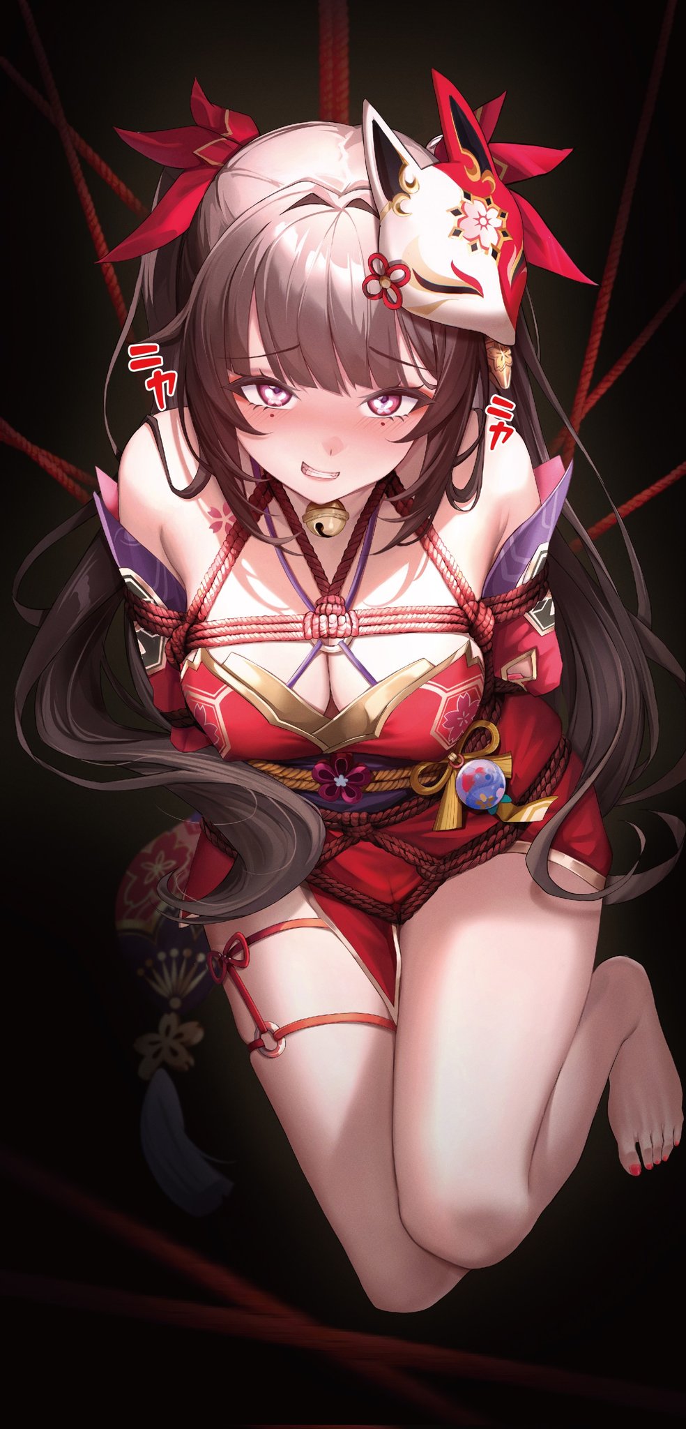 1girl bare_shoulders barefoot bdsm bell black_choker bondage bound bound_arms breasts brown_hair choker cleavage dress fox_mask grin highres honkai:_star_rail honkai_(series) hungz long_hair looking_at_viewer mask mask_on_head medium_breasts neck_bell nervous_smile pink_eyes red_dress rope shibari shibari_over_clothes smile solo sparkle_(honkai:_star_rail) suspension twintails