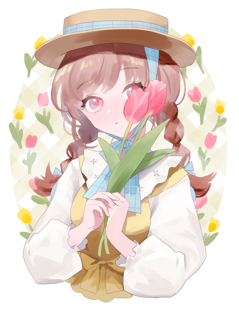 1girl bonnet braid brown_hair cropped_torso flower hat holding holding_flower long_hair long_sleeves looking_at_viewer nashiro_(nishir19) original pink_eyes solo tulip twin_braids