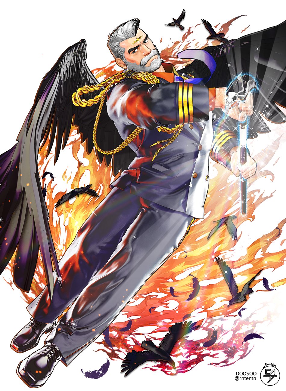 1boy 3d bara beard black_wings cane doosoo facial_hair feathered_wings full_beard full_body glowing glowing_sword glowing_weapon highres holding holding_cane male_focus mature_male muscular muscular_male pants sheath short_hair solo suit thick_beard thick_eyebrows tokyo_afterschool_summoners unsheathing weapon wings