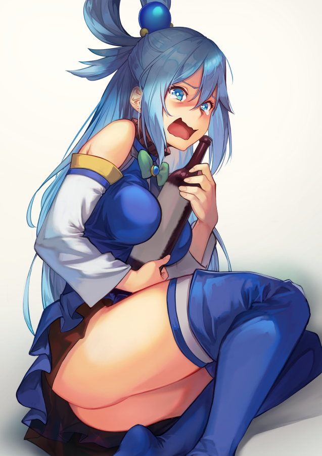 1girl aqua_(konosuba) ass bare_shoulders blue_eyes blue_hair blue_shirt blue_skirt blue_thighhighs bottle bow bowtie breasts detached_sleeves feet_out_of_frame green_bow green_bowtie hair_ornament hinoru_saikusa holding holding_bottle kono_subarashii_sekai_ni_shukufuku_wo! looking_at_viewer medium_breasts miniskirt open_mouth partially_shaded_face pleated_skirt shaded_face shirt single_hair_ring sitting skirt solo tearing_up thighhighs thighs white_sleeves wine_bottle zettai_ryouiki