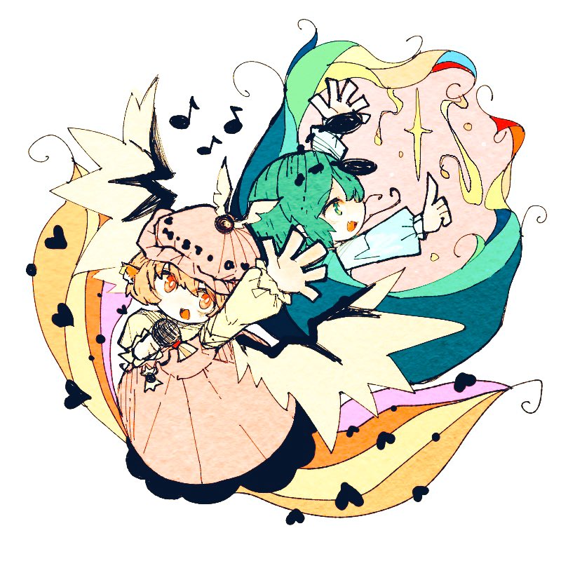 animal_ears antennae bird_ears bird_wings black_cape brown_dress brown_kimono cape dress fireflies food_stand green_eyes green_hair heart holding holding_microphone japanese_clothes kimono microphone mokumoku22 mystia_lorelei okamisty open_mouth pink_eyes pink_hair short_hair star_(symbol) touhou two-sided_cape two-sided_fabric winged_hat wings wriggle_nightbug yatai