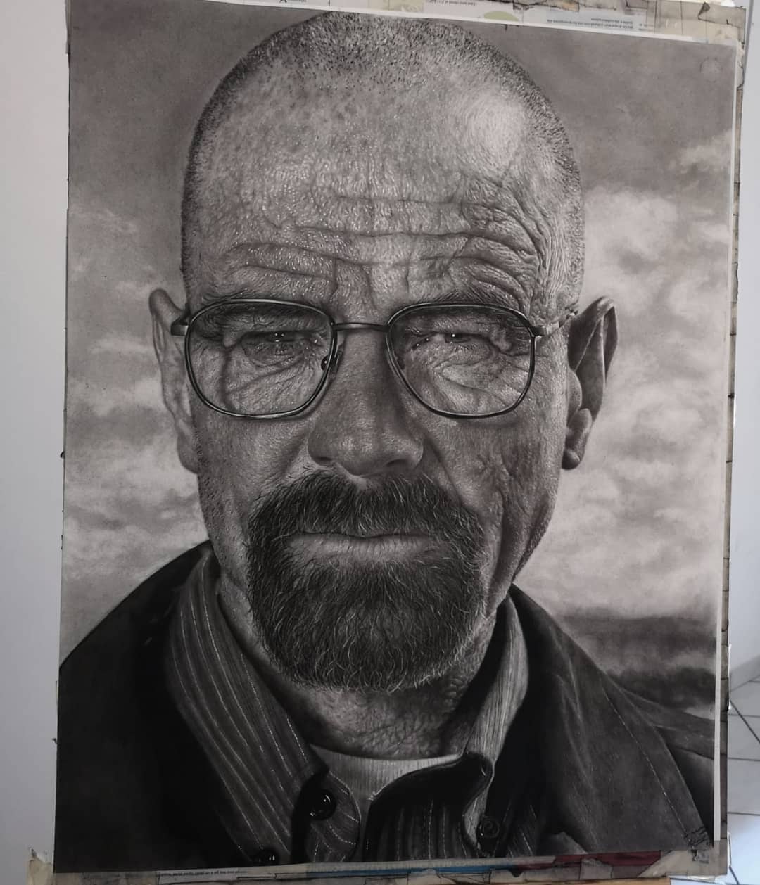 1boy bald beard breaking_bad charcoal_(medium) closed_mouth commentary english_commentary expressionless facial_hair glasses goatee graphite_(medium) greyscale highres looking_at_viewer male_focus monochrome old old_man photo-referenced photo_(medium) photorealistic portrait realistic simone_mulas solo traditional_media walter_white