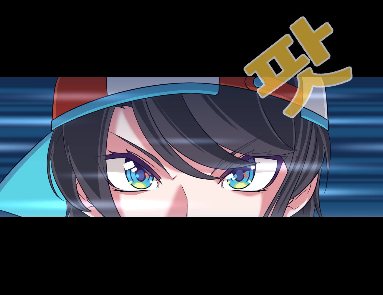 1girl baseball_cap black_hair blue_eyes close-up commentary_request hat hololive korean_commentary korean_text letterboxed mu94894747 multicolored_eyes oozora_subaru short_hair sideways_hat solo speed_lines translation_request v-shaped_eyebrows virtual_youtuber yellow_eyes