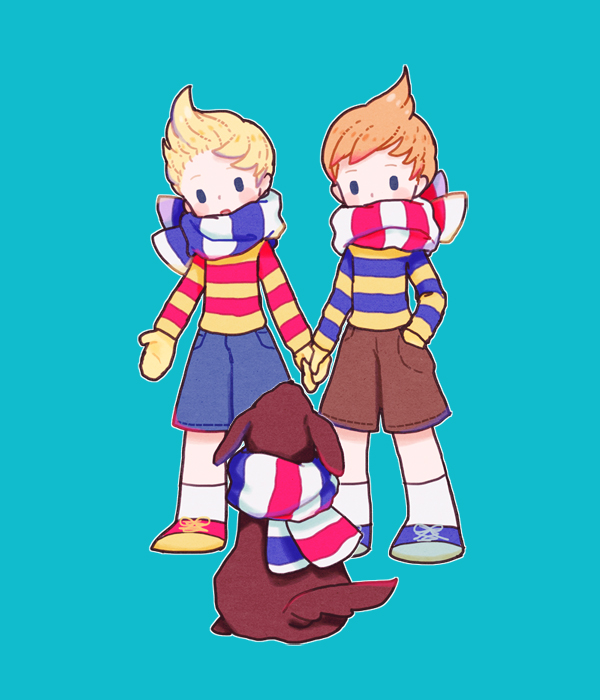 2boys animal blonde_hair blue_background blue_footwear blue_shorts boney brothers brown_dog brown_hair brown_shorts claus_(mother_3) clothed_animal full_body holding_hands long_sleeves lucas_(mother_3) male_focus memi_(gamemix) mittens mother_(game) mother_3 multiple_boys red_footwear scarf scarf_over_mouth shirt shoes short_hair shorts siblings sneakers socks solid_oval_eyes striped_clothes striped_shirt white_socks yellow_mittens