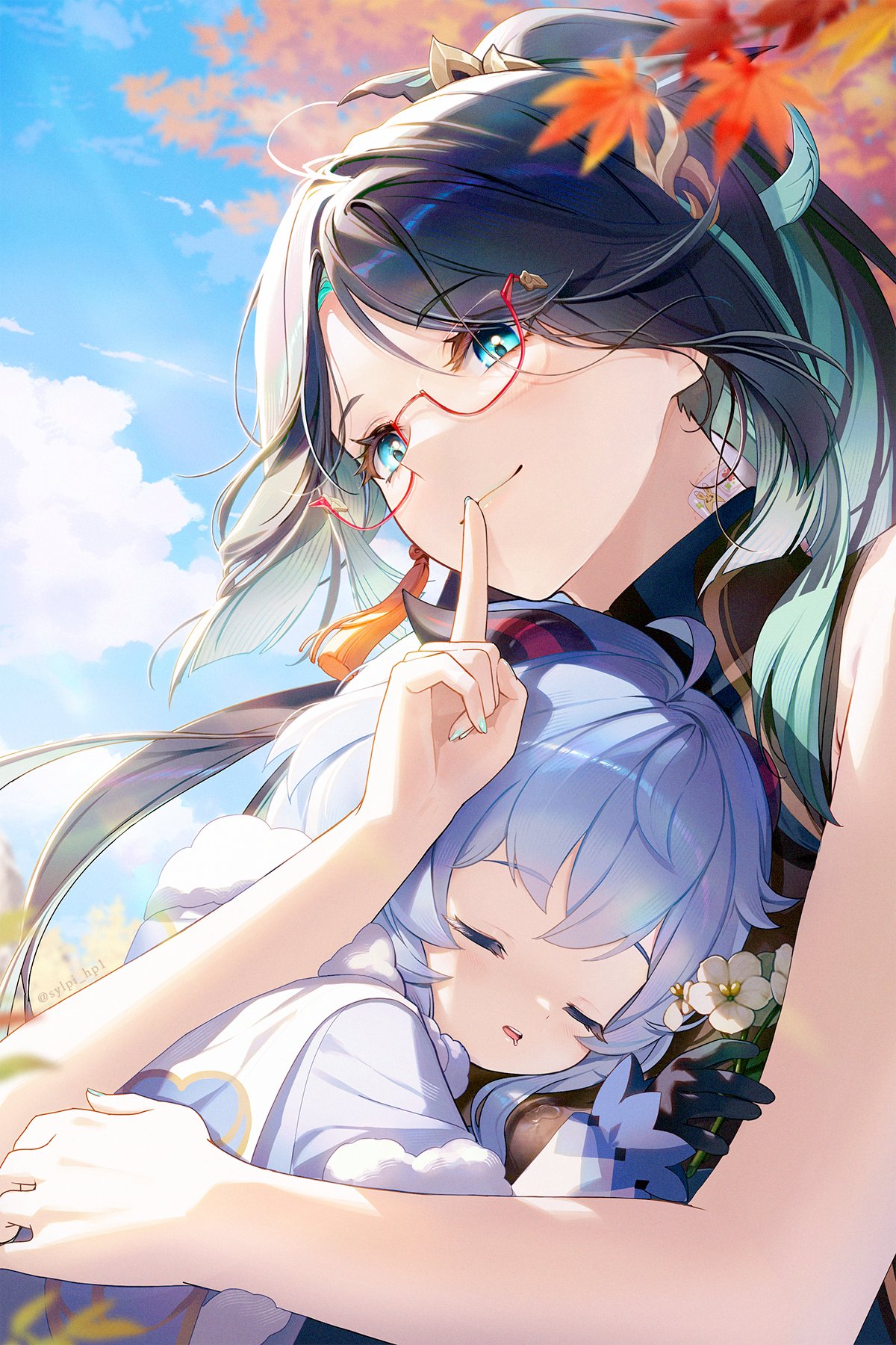 2girls aged_down ahoge aqua_eyes bare_shoulders black_gloves blue_hair chinese_clothes chinese_hairpin closed_eyes closed_mouth cloud commentary_request drooling flower ganyu_(genshin_impact) genshin_impact glasses gloves goat_horns highres horns index_finger_raised leaf multicolored_hair multiple_girls open_mouth outdoors qingxin_flower red-framed_eyewear semi-rimless_eyewear sky sleeping sylpi two-tone_hair xianyun_(genshin_impact)