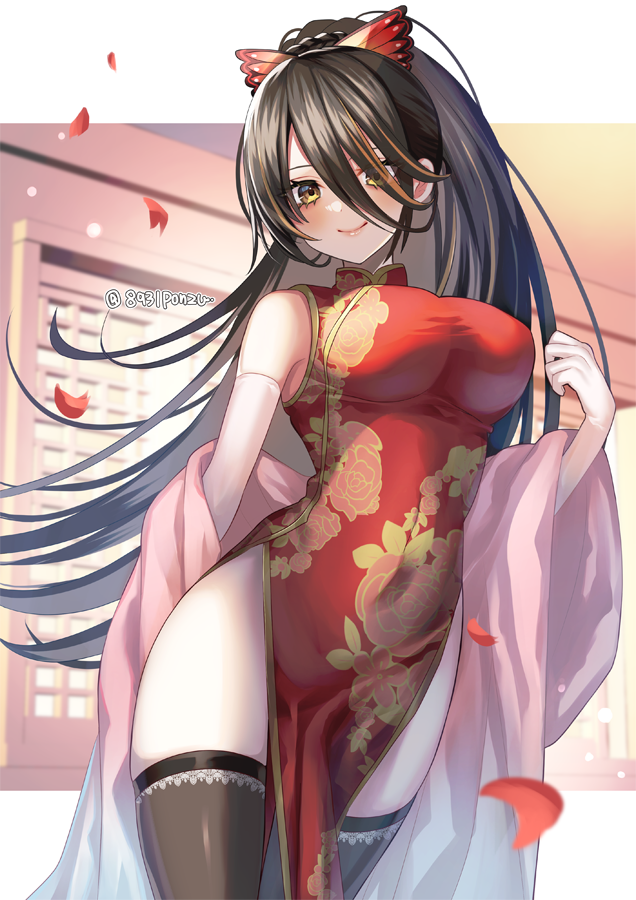 1girl black_hair black_legwear blush breasts brown_eyes china_dress chinese_clothes commission covered_navel dress from_below hair_between_eyes hair_over_one_eye hakusai_ponzu hip_vent indoors lace-trimmed_legwear lace_trim large_breasts lips long_bangs long_hair original outside_border ponytail skeb_commission smile solo taut_clothes taut_dress thighhighs twitter_username very_long_hair