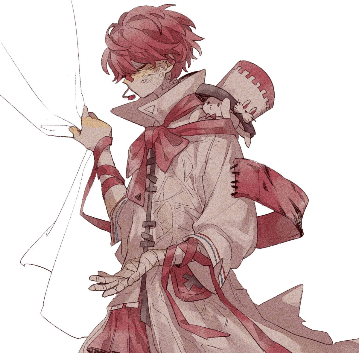 1boy akiyo_(lifetimes) animal_hat arm_ribbon asymmetrical_clothes bandaged_arm bandages closed_eyes coat collared_coat curtain_grab curtains from_side fukase hair_behind_ear hat headset neck_ribbon no_mouth point_(vocaloid) red_hair red_ribbon red_skirt ribbon short_hair skirt sleeves_past_elbows solo top_hat upper_body vocaloid white_background white_coat