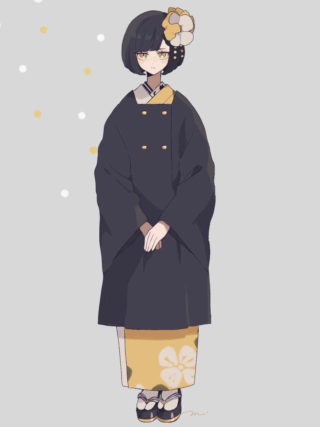 1girl black_hair clothing_request coat expressionless flower full_body grey_background hair_flower hair_ornament highres japanese_clothes jitome kanzashi kimono maco22 original short_hair solo tabi wide_sleeves yellow_eyes