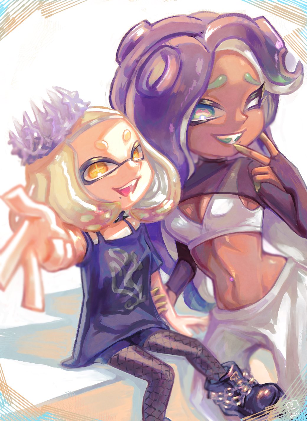 291nee 2girls aqua_hair black_footwear black_hair black_shirt boots breasts cephalopod_eyes colored_tips commentary_request crop_top crown dark-skinned_female dark_skin fishnet_pantyhose fishnets furrowed_brow highres inkling long_hair marina_(splatoon) medium_breasts medium_hair mole mole_under_mouth multicolored_hair multiple_girls navel_piercing octoling one_eye_closed open_mouth pants pantyhose pearl_(splatoon) piercing pink_hair print_shirt red_pupils shirt smile splatoon_(series) splatoon_3 star-shaped_pupils star_(symbol) symbol-shaped_pupils teeth tentacle_hair thick_eyebrows two-tone_hair white_hair white_pants yellow_eyes yellow_pupils