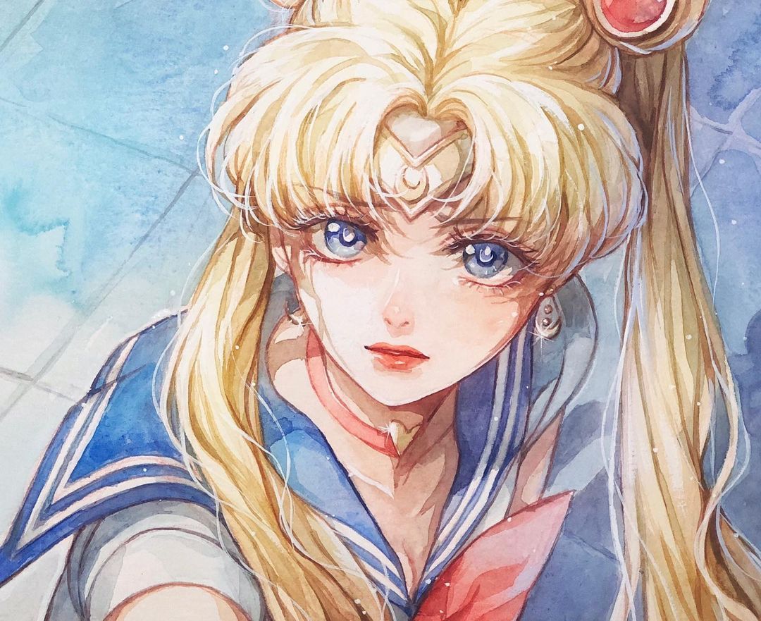 1girl bishoujo_senshi_sailor_moon blonde_hair blue_eyes blue_sailor_collar bow choker circlet close-up commentary_request derivative_work earrings eyelashes jewelry karin_park korean_commentary magical_girl on_ground painting_(medium) red_bow red_choker red_lips sailor_collar sailor_moon sailor_senshi_uniform screenshot_redraw shadow solo traditional_media tsukino_usagi twintails upper_body watercolor_(medium)