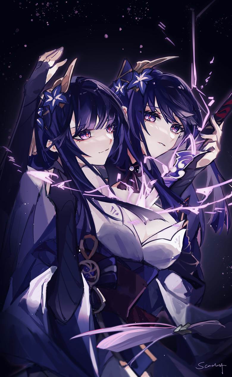 2girls arm_grab arm_up black_background blunt_bangs closed_mouth electricity from_behind genshin_impact hair_ornament hand_up highres japanese_clothes light_smile long_hair looking_at_viewer looking_to_the_side mitsudomoe_(shape) mole mole_under_eye multiple_girls non-web_source purple_eyes purple_hair purple_nails raiden_shogun scarlett_(artist) signature standing tomoe_(symbol) weapon
