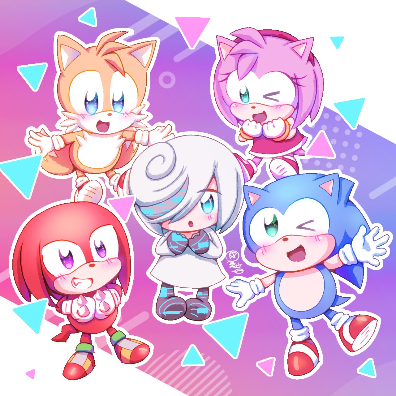 2girls 3boys abstract_background amy_rose aqua_eyes blue_eyes chibi commentary highres hoshinekirakira knuckles_the_echidna multiple_boys multiple_girls one_eye_closed open_mouth purple_eyes sage_(sonic) smile sonic_(series) sonic_frontiers sonic_the_hedgehog spoilers tails_(sonic) white_hair