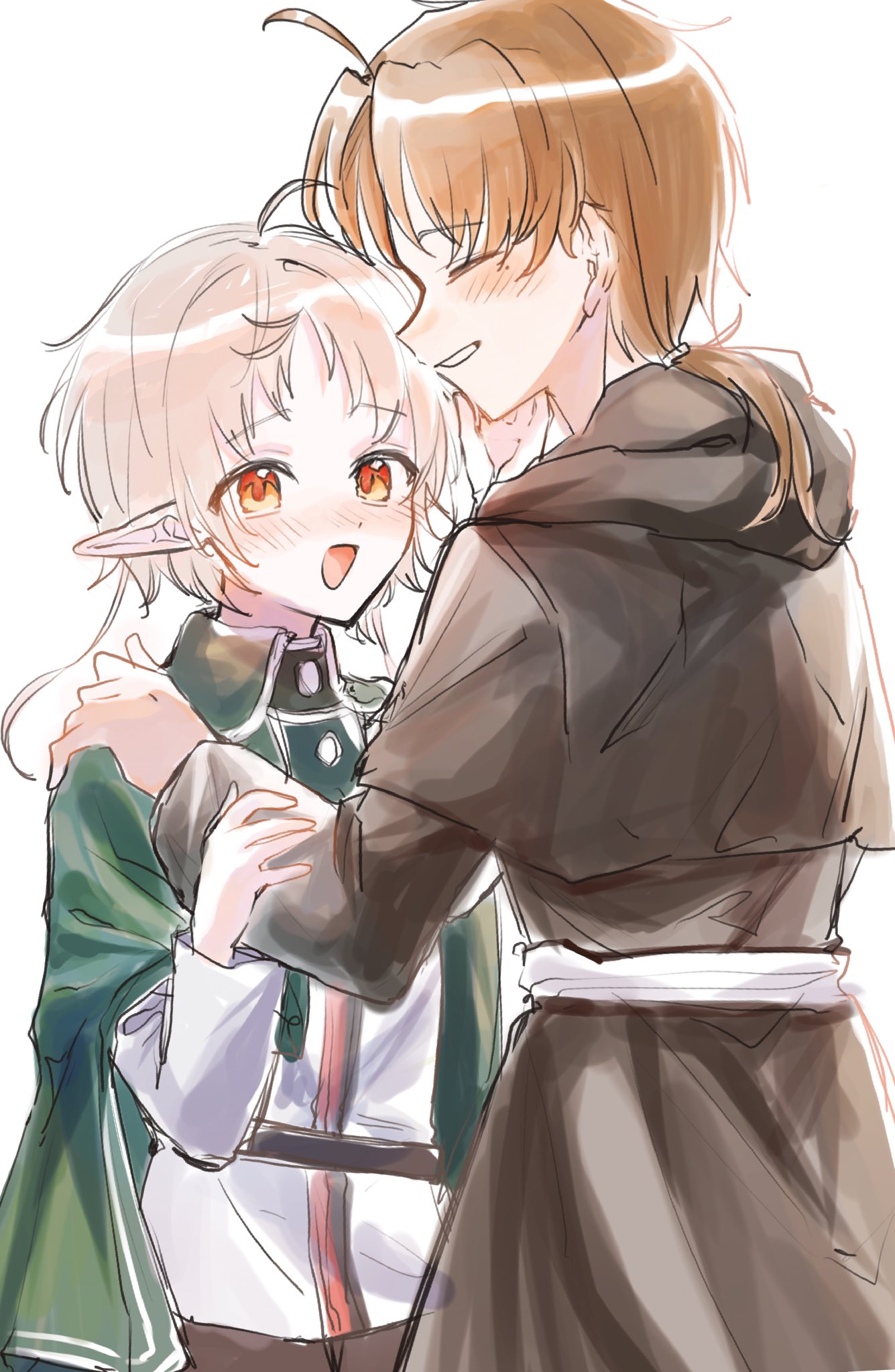 1boy 1girl ahoge blonde_hair blush brown_pants brown_robe closed_mouth elf flat_chest green_jacket hand_on_another's_shoulder highres hooded_robe jacket looking_at_viewer mushoku_tensei open_mouth orange_eyes pants pointy_ears ranoa_magic_academy_school_uniform robe rudeus_greyrat sash school_uniform shirt short_hair simple_background smile spica59 sylphiette_(mushoku_tensei) teeth white_hair white_sash white_shirt