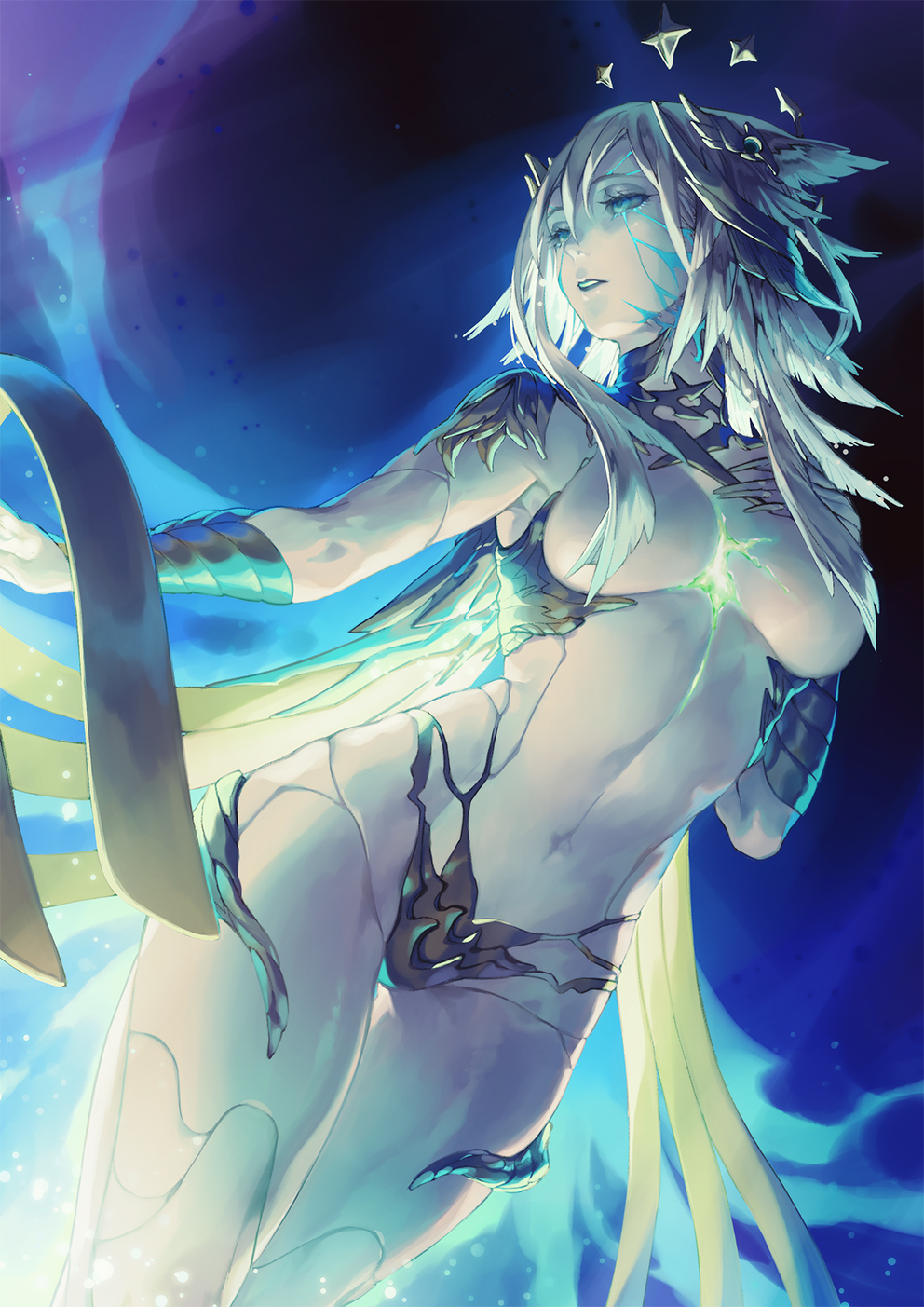 1girl alternate_form blue_background blue_eyes breasts colored_skin cowboy_shot cracked_skin feather_hair feathers final_fantasy final_fantasy_xiv fingernails glowing grey_hair hair_ornament half-closed_eyes hand_on_own_chest hand_up highres long_fingernails long_hair looking_ahead midriff navel outstretched_arms parted_lips sharp_fingernails sin_eater_(ff14) solo tamtam_ex warrior_of_light_(ff14) white_hair white_skin