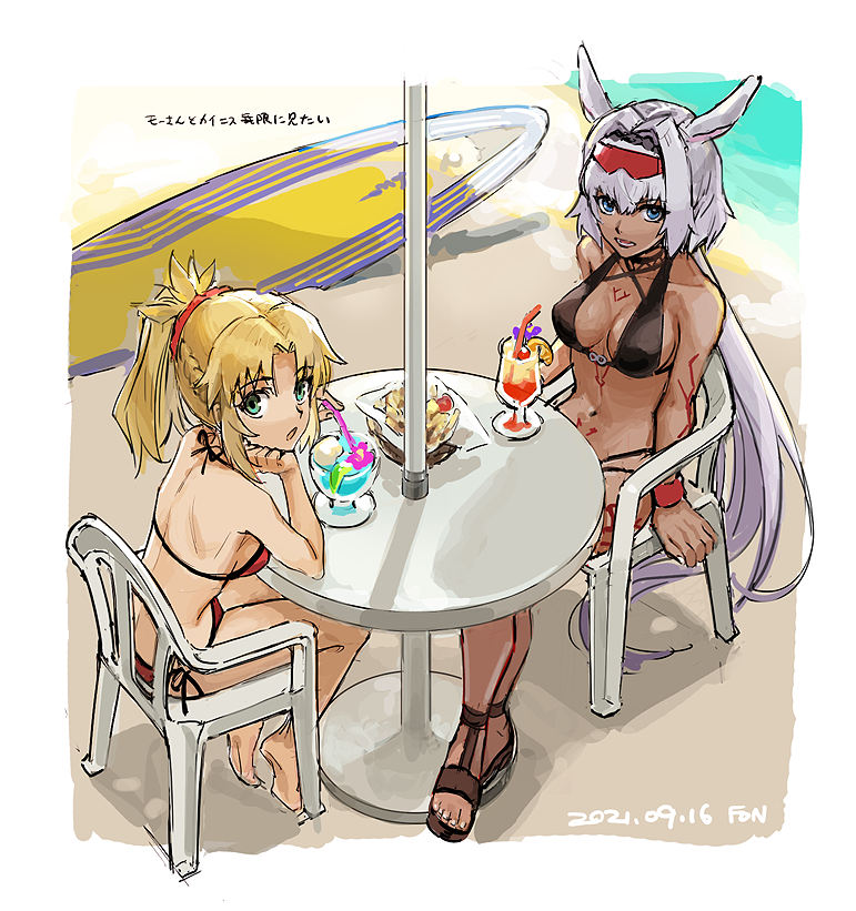 2girls animal_ears arm_tattoo barefoot bikini black_bikini blonde_hair blue_eyes border braid breasts caenis_(fate) caenis_(swimsuit_rider)_(first_ascension)_(fate) chair dark-skinned_female dark_skin dated eyewear_on_head fate/grand_order fate_(series) fon-due_(fonfon) food grey_hair ice_cream large_breasts looking_at_viewer mordred_(fate) mordred_(swimsuit_rider)_(first_ascension)_(fate) multiple_girls nail_polish navel open_mouth ponytail red_bikini red_scrunchie red_wristband sandals scrunchie signature sundae surfboard swimsuit table tattoo toenail_polish toenails tropical_drink white_border white_nails