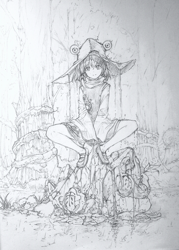 1girl coiled dripping forest frog full_body hat head_tilt kcaf128 lake light_smile long_sleeves looking_at_viewer medium_hair monochrome moriya_suwako nature on_rock rain shoes single_sidelock sitting skirt smile snake solo statue touhou traditional_media tree_bark vest water wide_sleeves