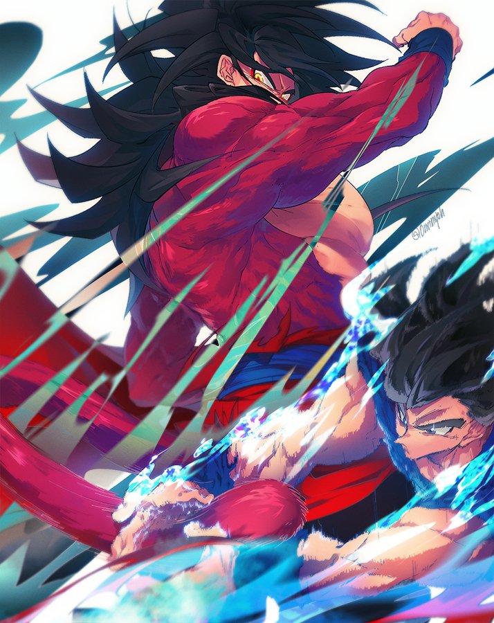 black_hair blue_eyes blue_sash blue_wristband closed_mouth dougi dragon_ball dragon_ball_heroes dragon_ball_super dual_persona fighting long_hair male_focus monkey_boy monkey_tail multiple_boys muscular muscular_male ommmyoh pants red_fur saiyan sash son_goku son_goku_(xeno) spiked_hair super_saiyan super_saiyan_4 tail time_patrol_(dragon_ball) twitter_username ultra_instinct