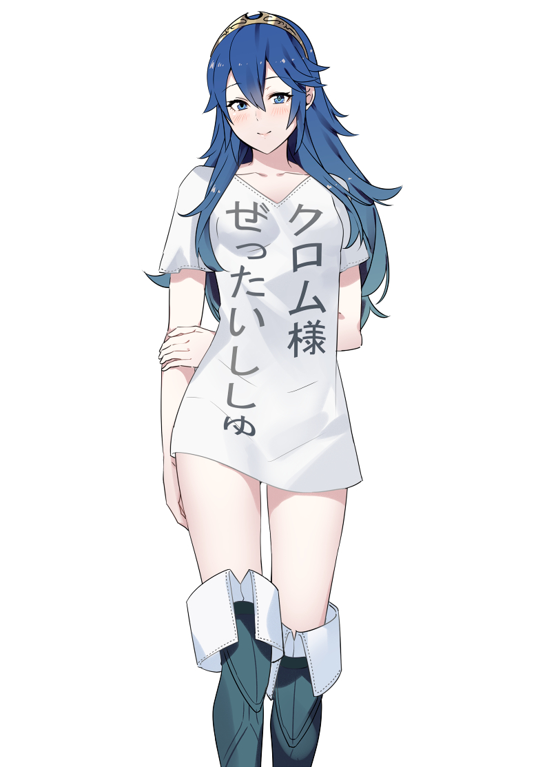 1girl alternate_costume ameno_(a_meno0) blue_eyes blue_footwear blue_hair blush boots closed_mouth collarbone fire_emblem fire_emblem_awakening long_hair looking_at_viewer lucina_(fire_emblem) naked_shirt shirt short_sleeves simple_background smile solo tiara translation_request white_background white_shirt