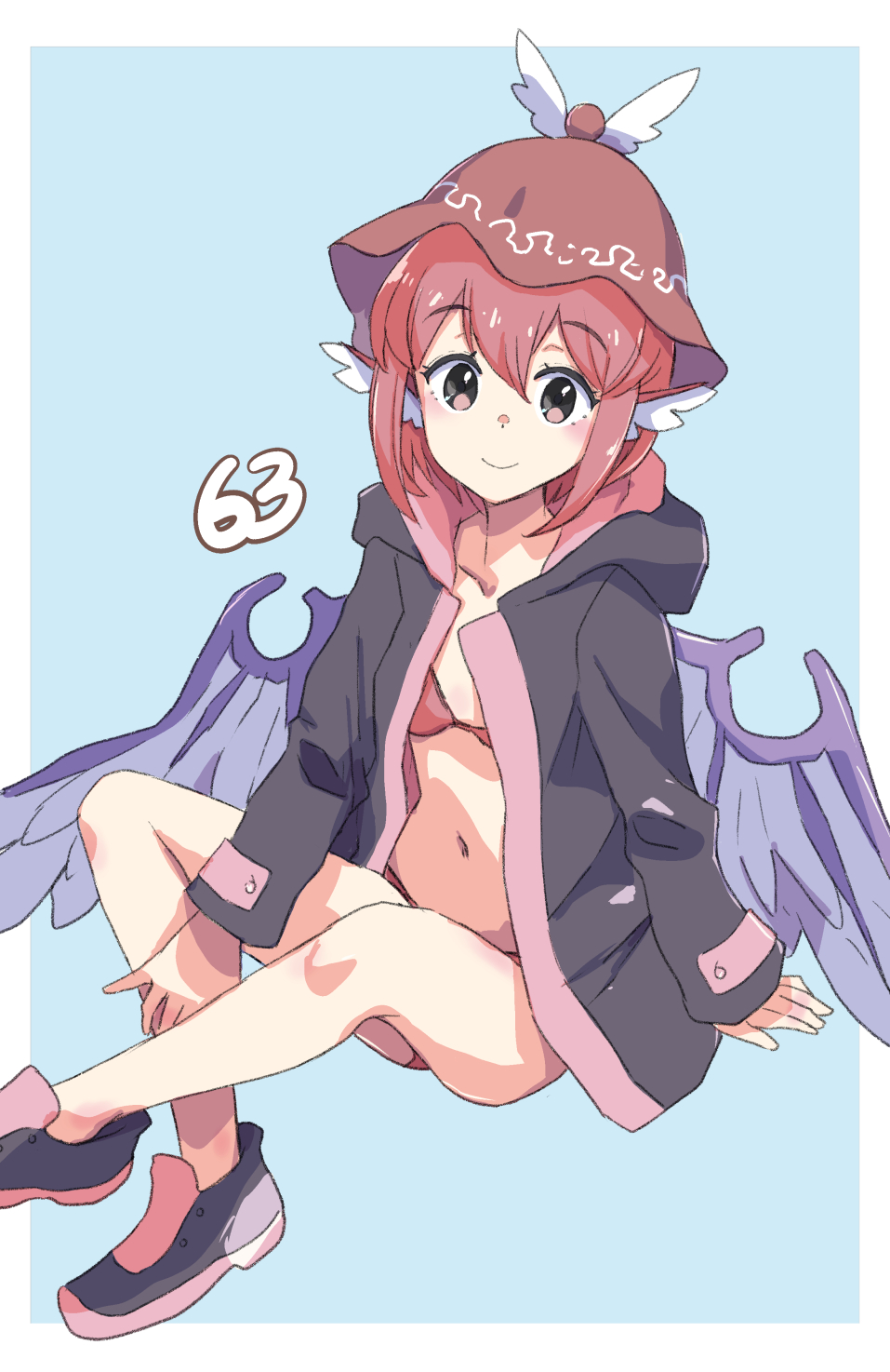 1girl animal_ears bare_legs bikini bird_ears bird_wings black_footwear blue_background border breasts brown_bikini brown_eyes closed_mouth collarbone highres hood hoodie jack_(wkm74959) jacket medium_hair mystia_lorelei navel no_socks one-hour_drawing_challenge open_clothes open_hoodie open_jacket pink_hair shoes sitting small_breasts smile sneakers solo stomach swimsuit touhou white_border winged_hat wings