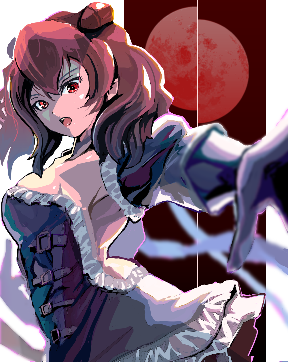 1girl armpit_crease bloodstained:_ritual_of_the_night blue_dress blue_ribbon blurry blurry_background blurry_foreground breasts brown_eyes commentary_request cropped_legs detached_collar detached_sleeves dress english_commentary frilled_dress frills half_moon highres looking_down medium_breasts medium_hair miriam_(bloodstained) mixed-language_commentary moon open_mouth phlogiston_drow red_background red_moon ribbon simple_background solo teeth two-tone_background upper_teeth_only white_background